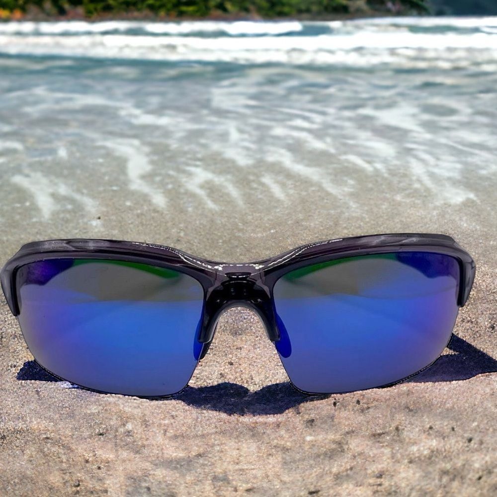 Men’s Blade Sports Sunglasses / Blue Mirror Lens / Green Black Arms